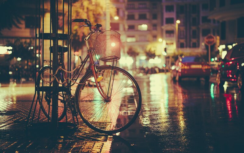 Bicycle on Wet Street — Yellow