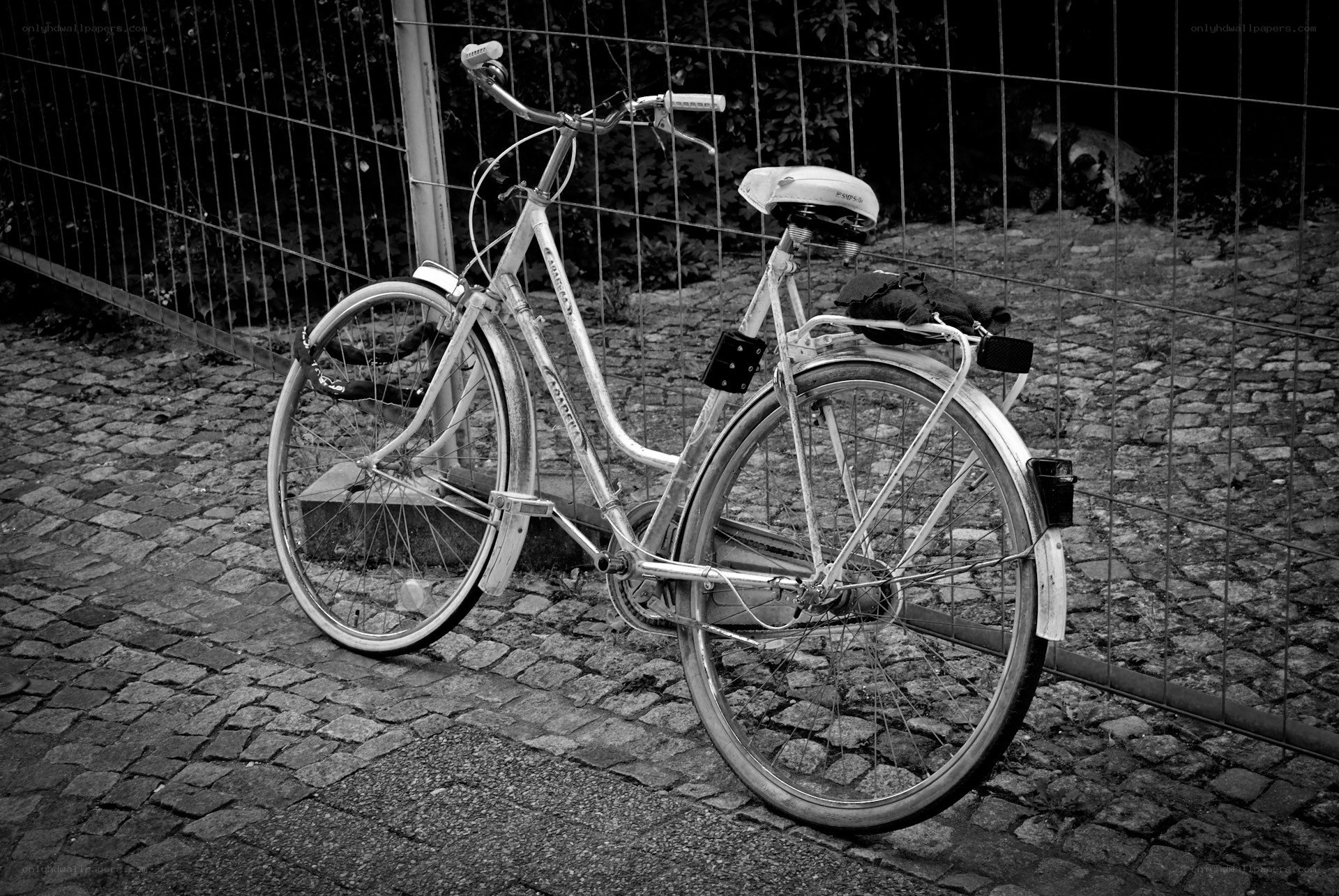 Bicycle parked on cobblestones