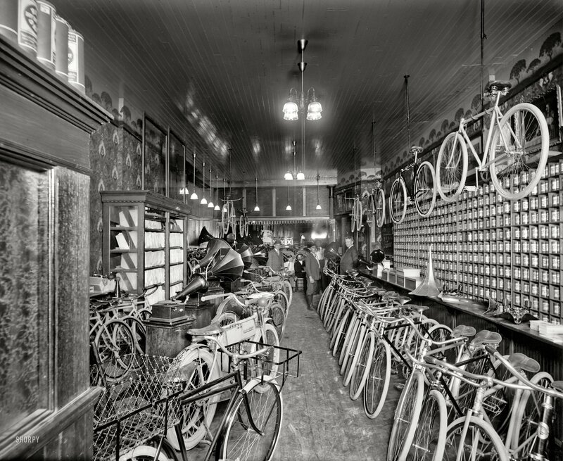 Bicycle shop interior with phonographs