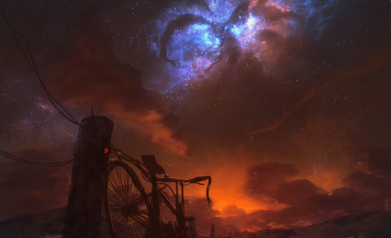 Bicycle under a nebula sky