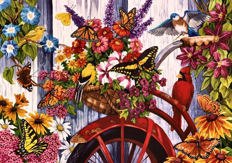 Bicycle with Flowers and Birds — Red