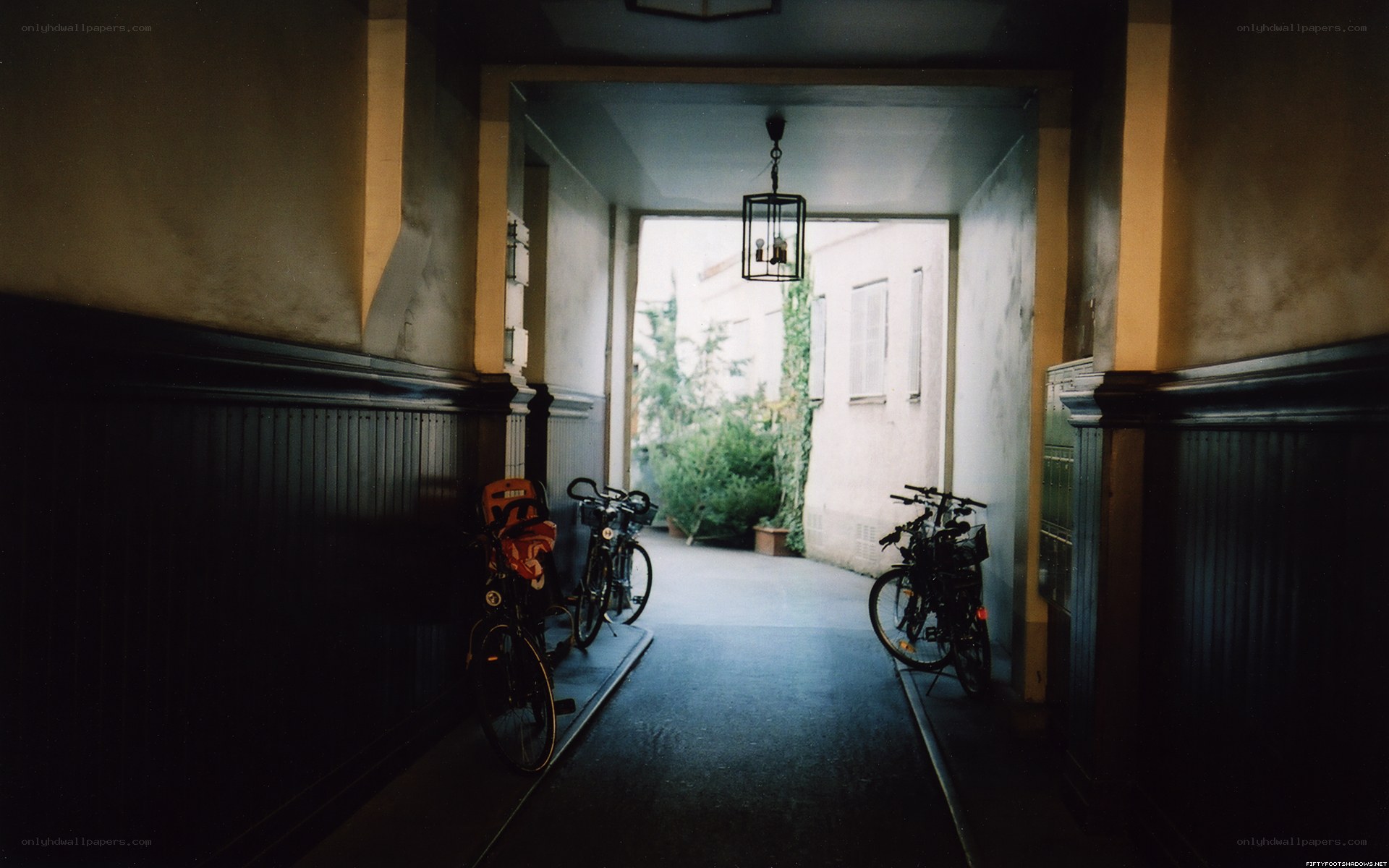 Bicycles in a dimly lit hallway