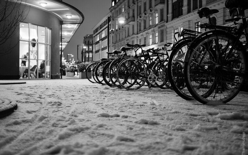 Bicycles in snowy city street