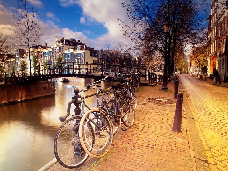 Bicycles on Canal Path — Blue, Serene