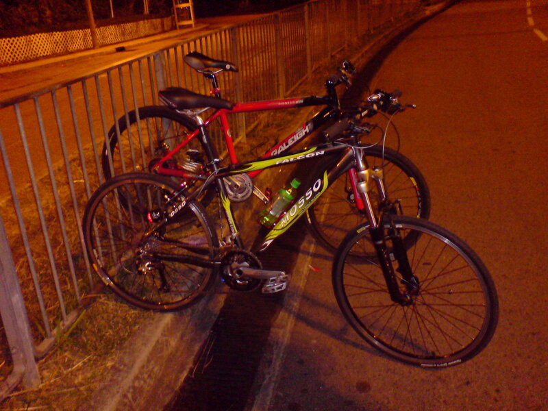 Bicycles parked at night