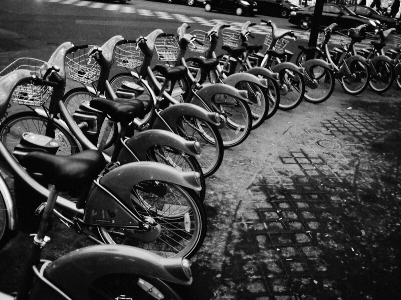 Bicycles parked on a city street