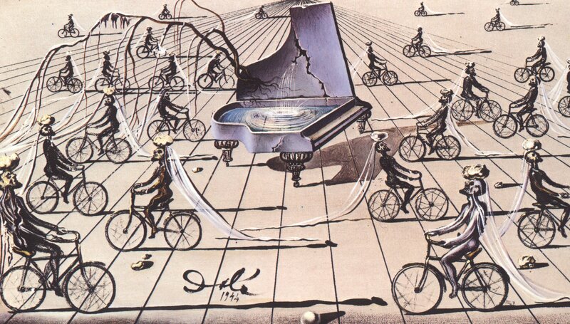 Bicyclists Around a Piano