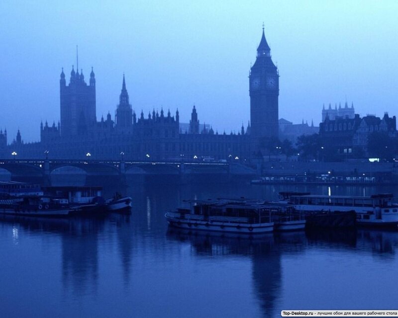 Big Ben and Houses of Parliament — Blue, Calm, Night, Photograph, River