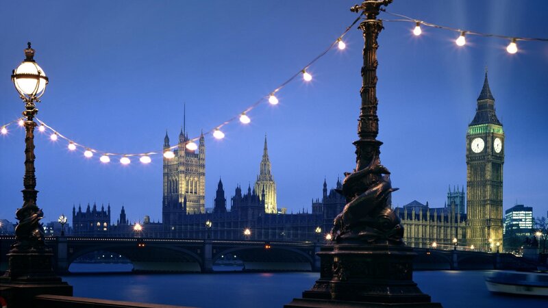 Big Ben and Houses of Parliament — Blue, Serene, Night, Photograph, River, Bridge, String Lights