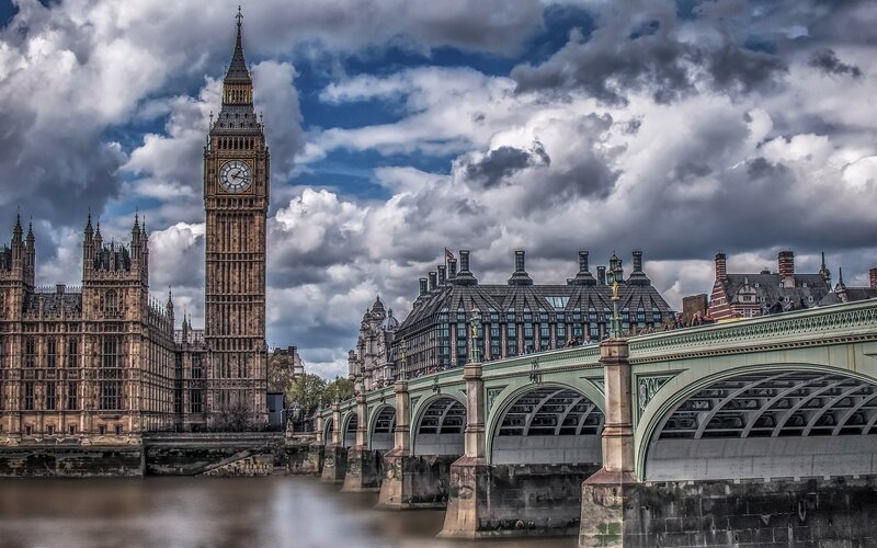 Big Ben and Westminster Bridge — Blue, Dramatic, Afternoon, Photograph, Clock Tower