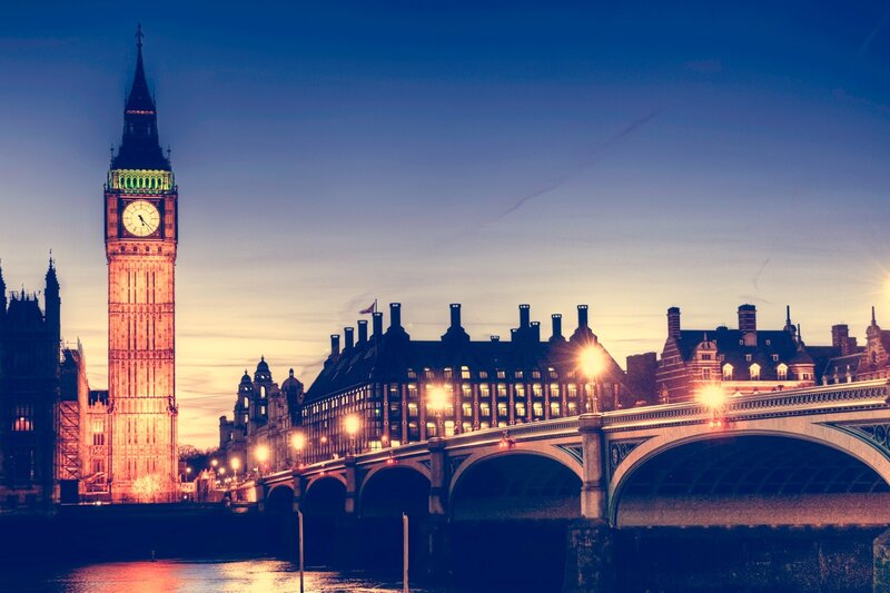 Big Ben and Westminster Bridge — Blue, Dramatic, Sunset, Photograph