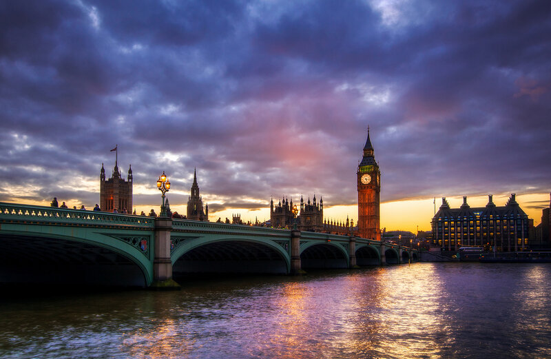 Big Ben and Westminster Bridge — Purple, Dramatic