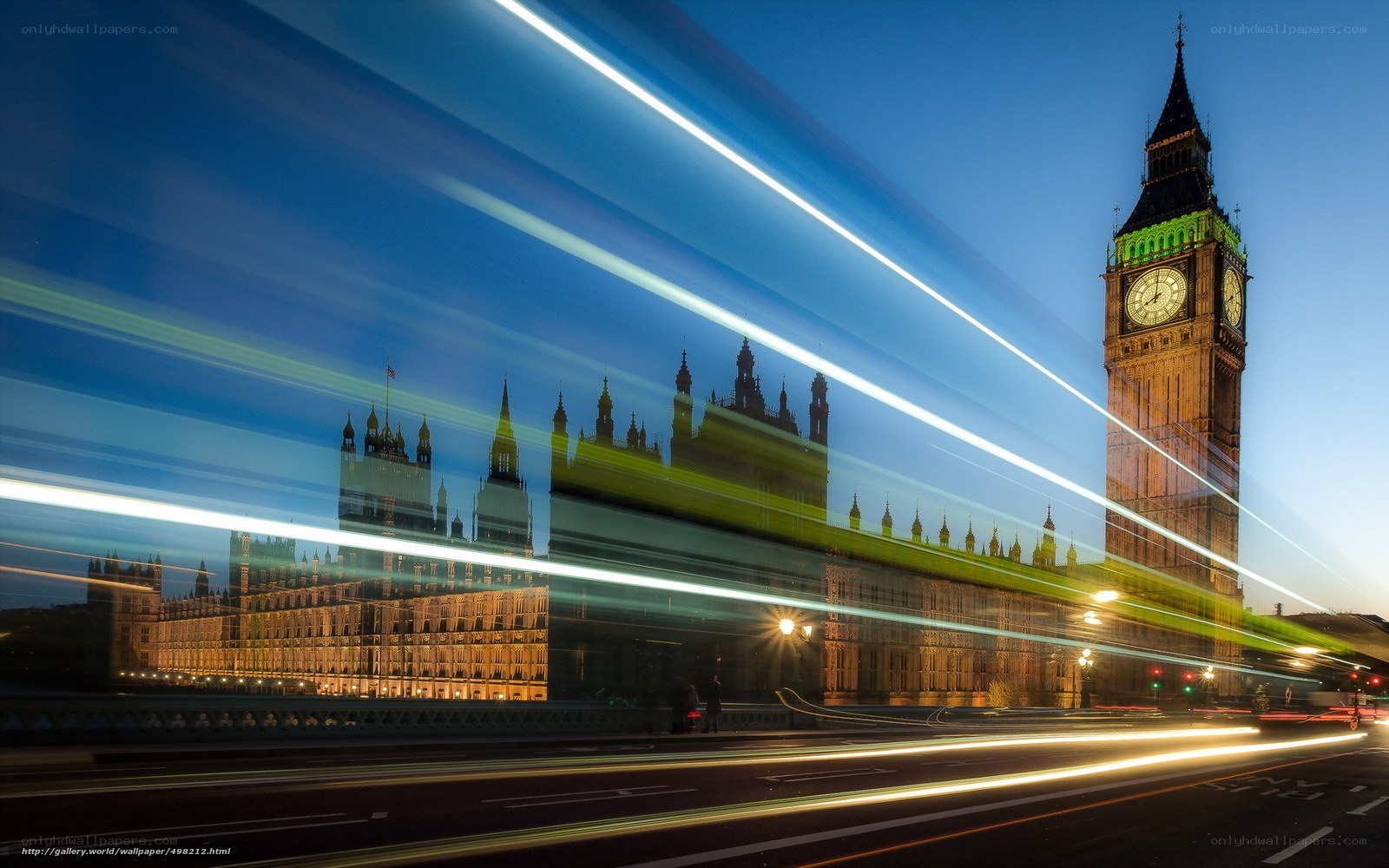 Big Ben at dusk with light trails