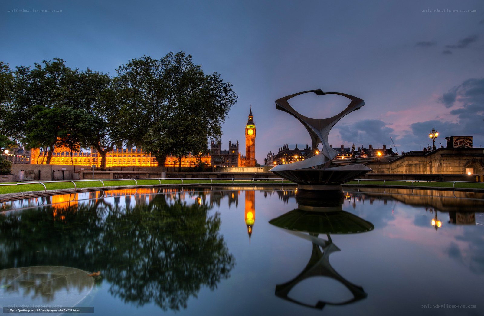 Big Ben at dusk with sculpture