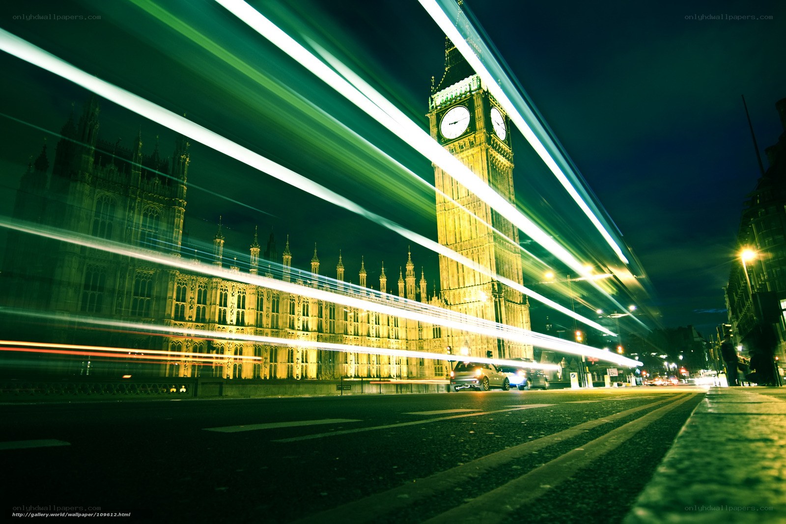 Big Ben at night with light trails