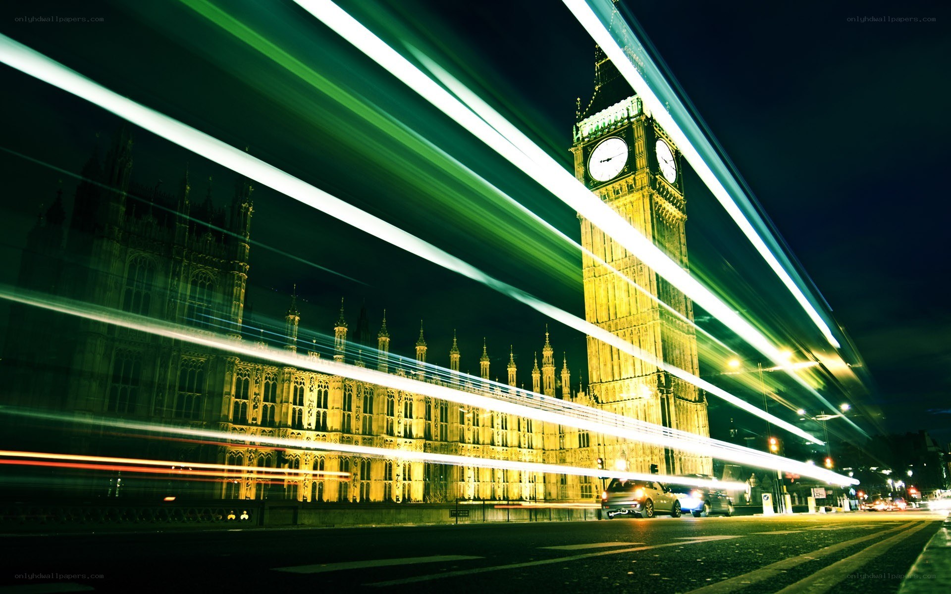 Big Ben at night with light trails
