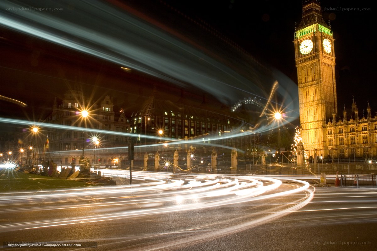 Big Ben at night with light trails