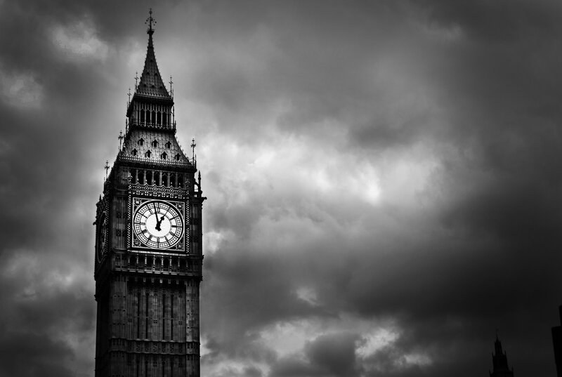 Big Ben Clock Tower — Black, Dramatic, Photograph, Clouds