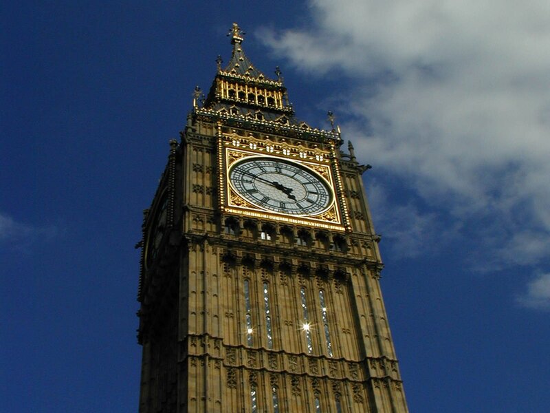 Big Ben Clock Tower — Blue, Dramatic, Afternoon, Photograph, Sky, Clouds, Gold