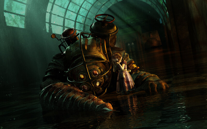 Big robot and little girl in flooded room