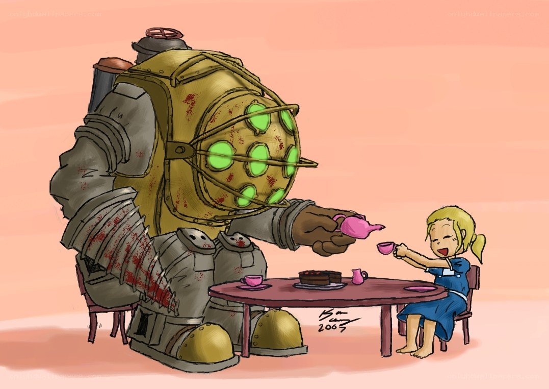 Big robot having tea with a girl