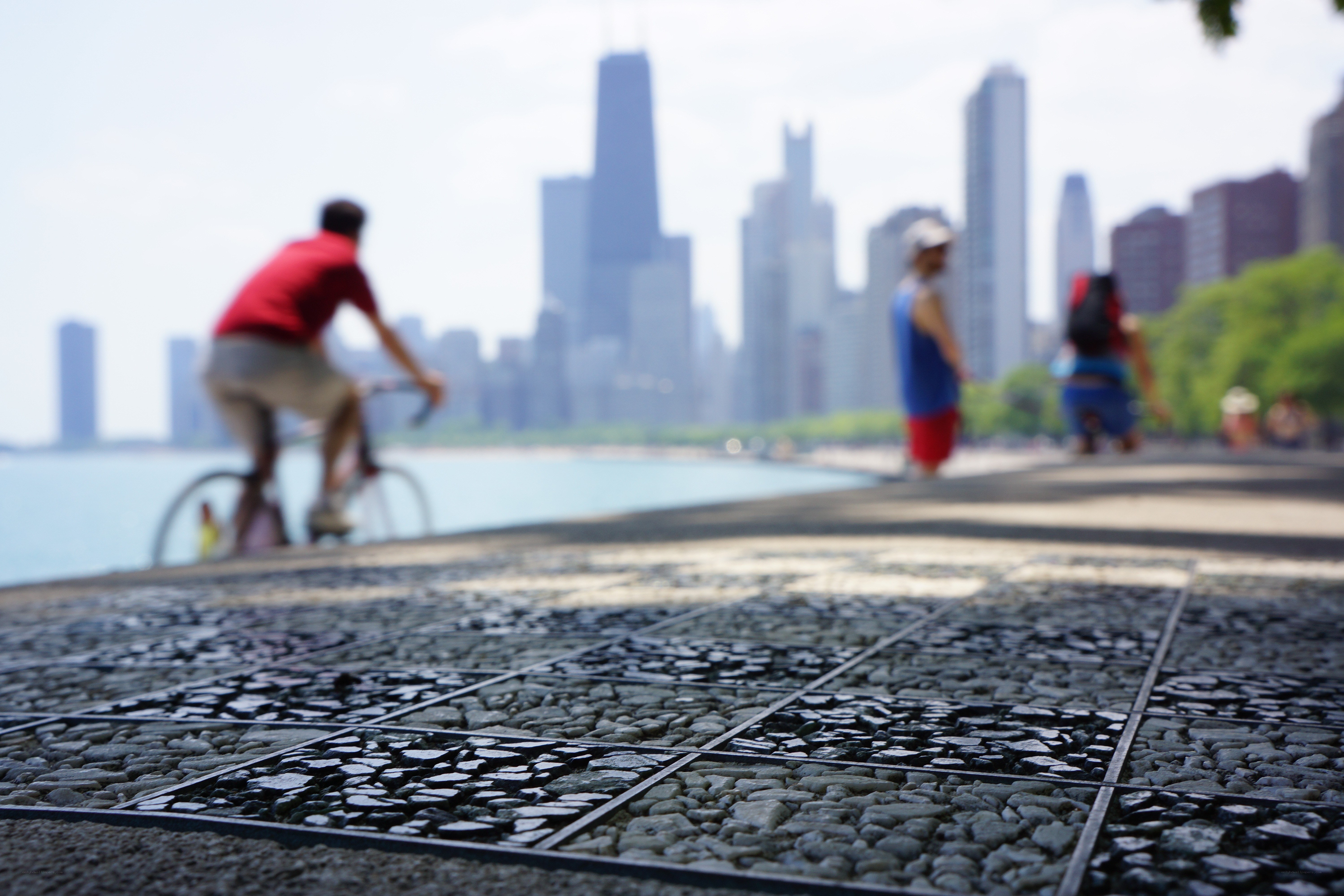 Bike path with city skyline