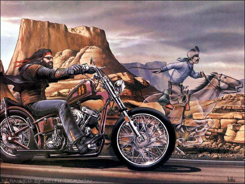 Biker and Cowboy on Road