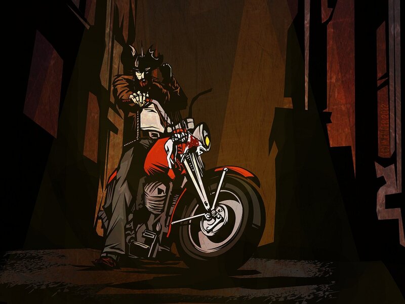 biker in dark alley