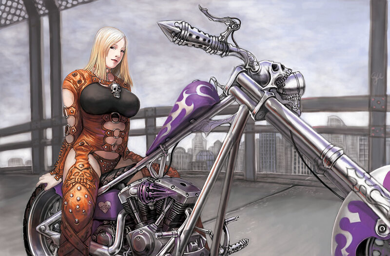 Biker woman with custom motorcycle