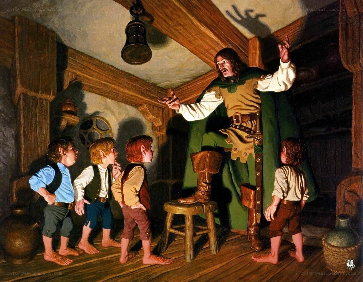Bilbo and the dwarves in a room