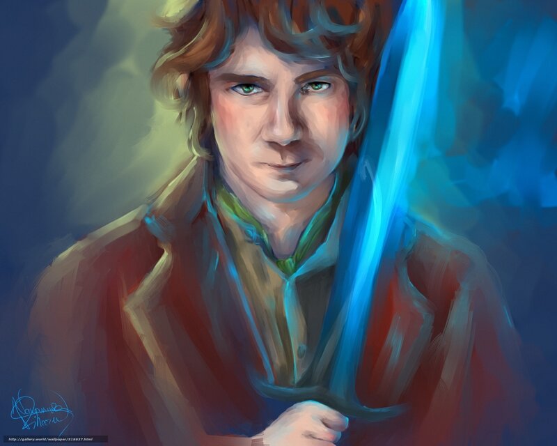 Bilbo Baggins with a glowing sword