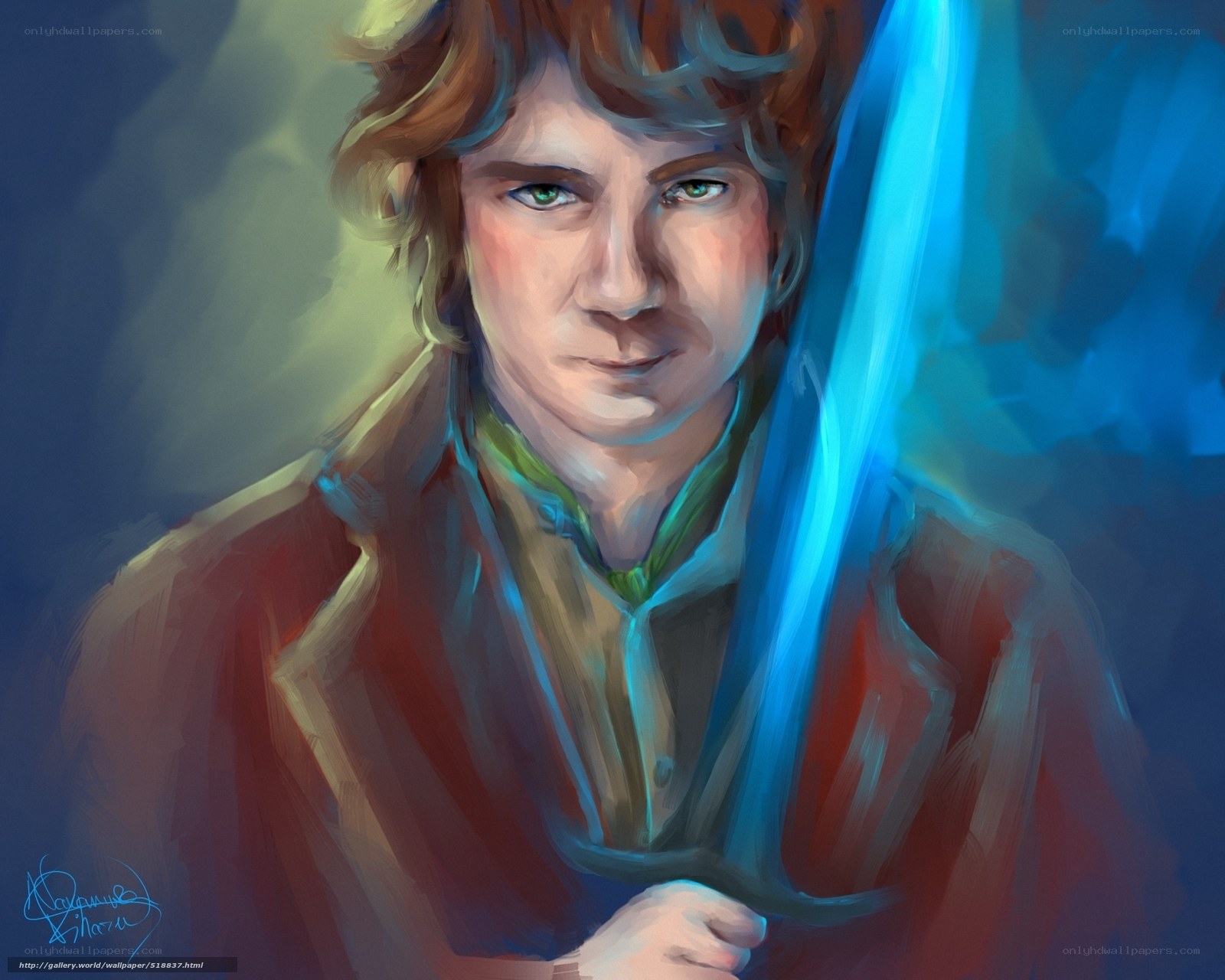 Bilbo Baggins with a glowing sword