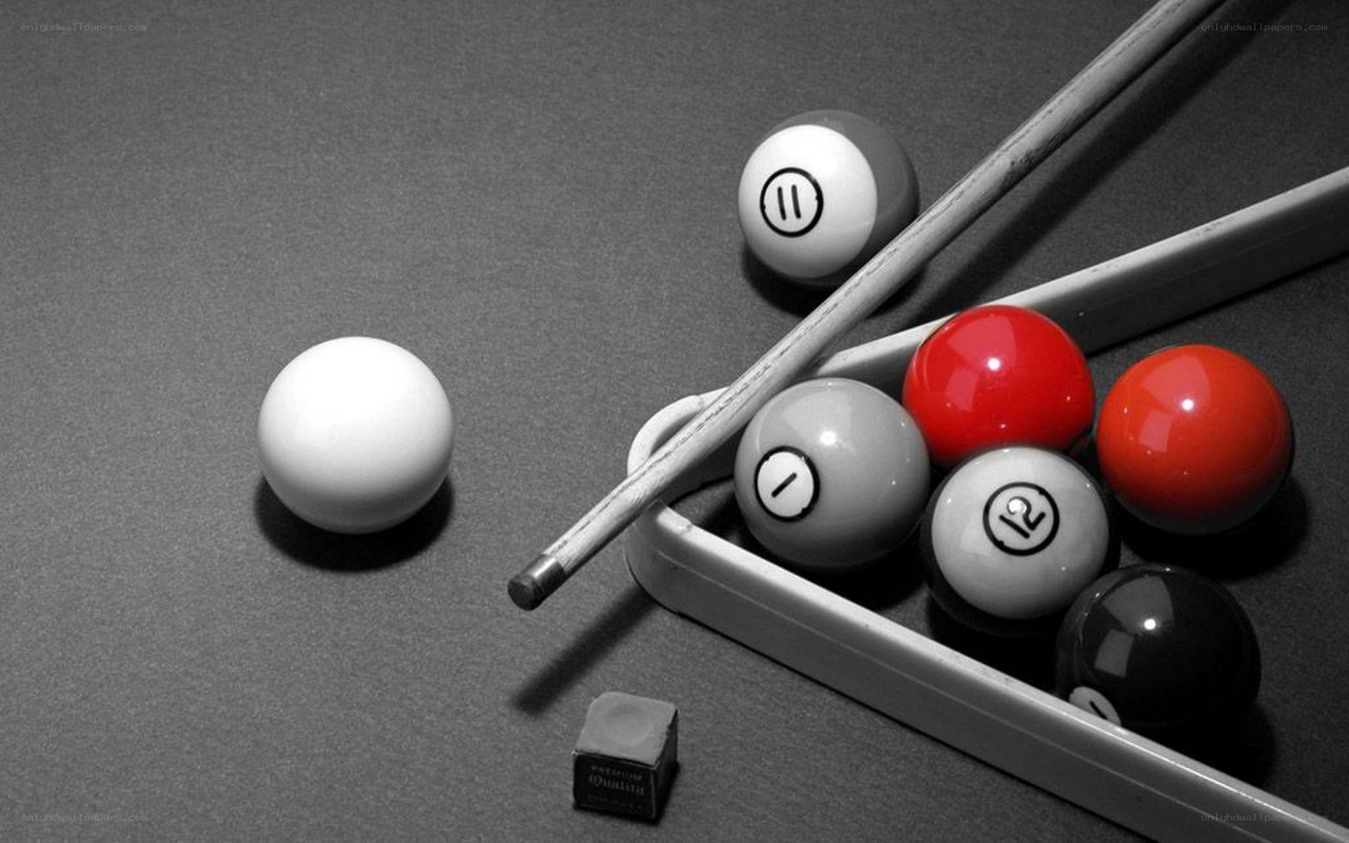 Billiards balls and cue stick