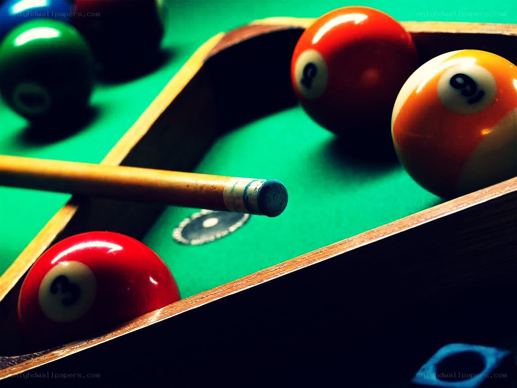 Billiards balls and cue stick
