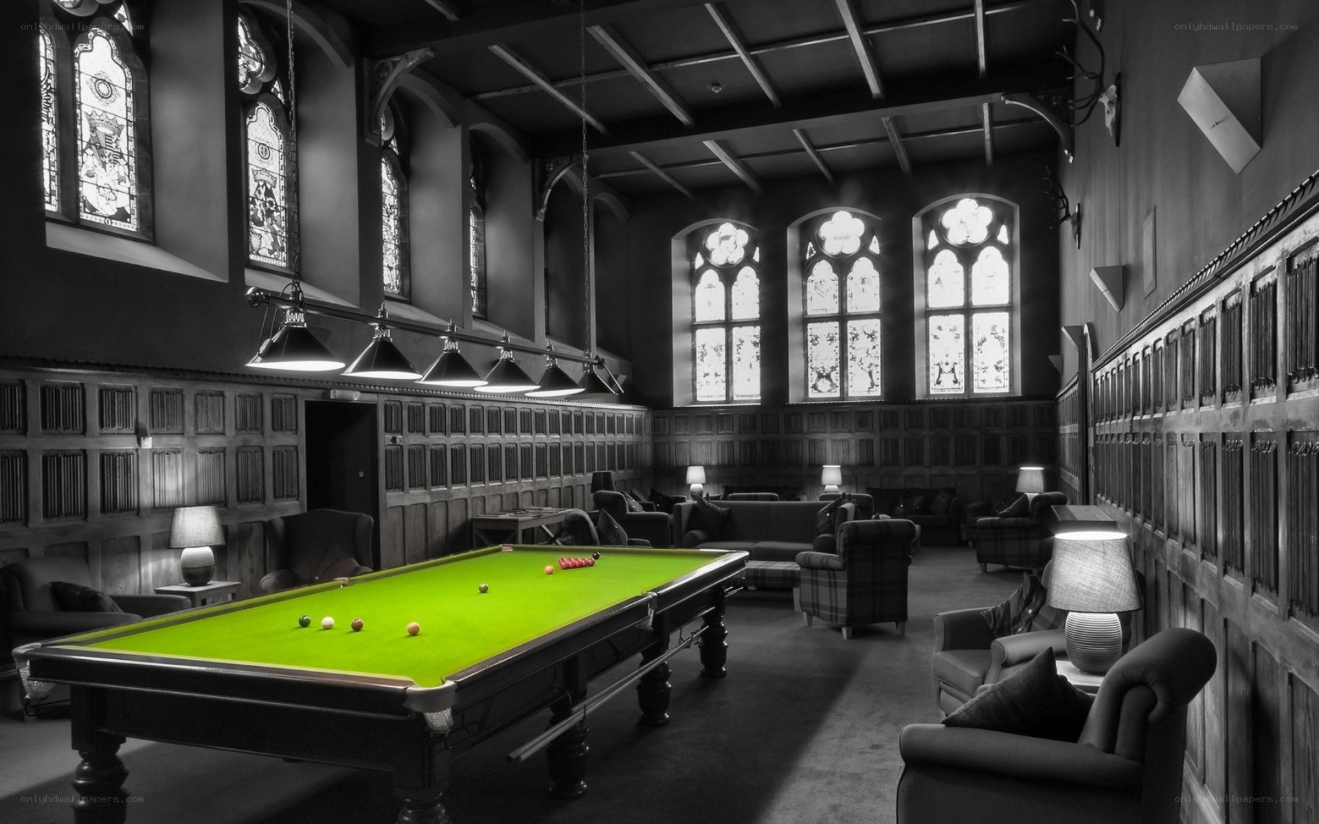 Billiards room with stained glass