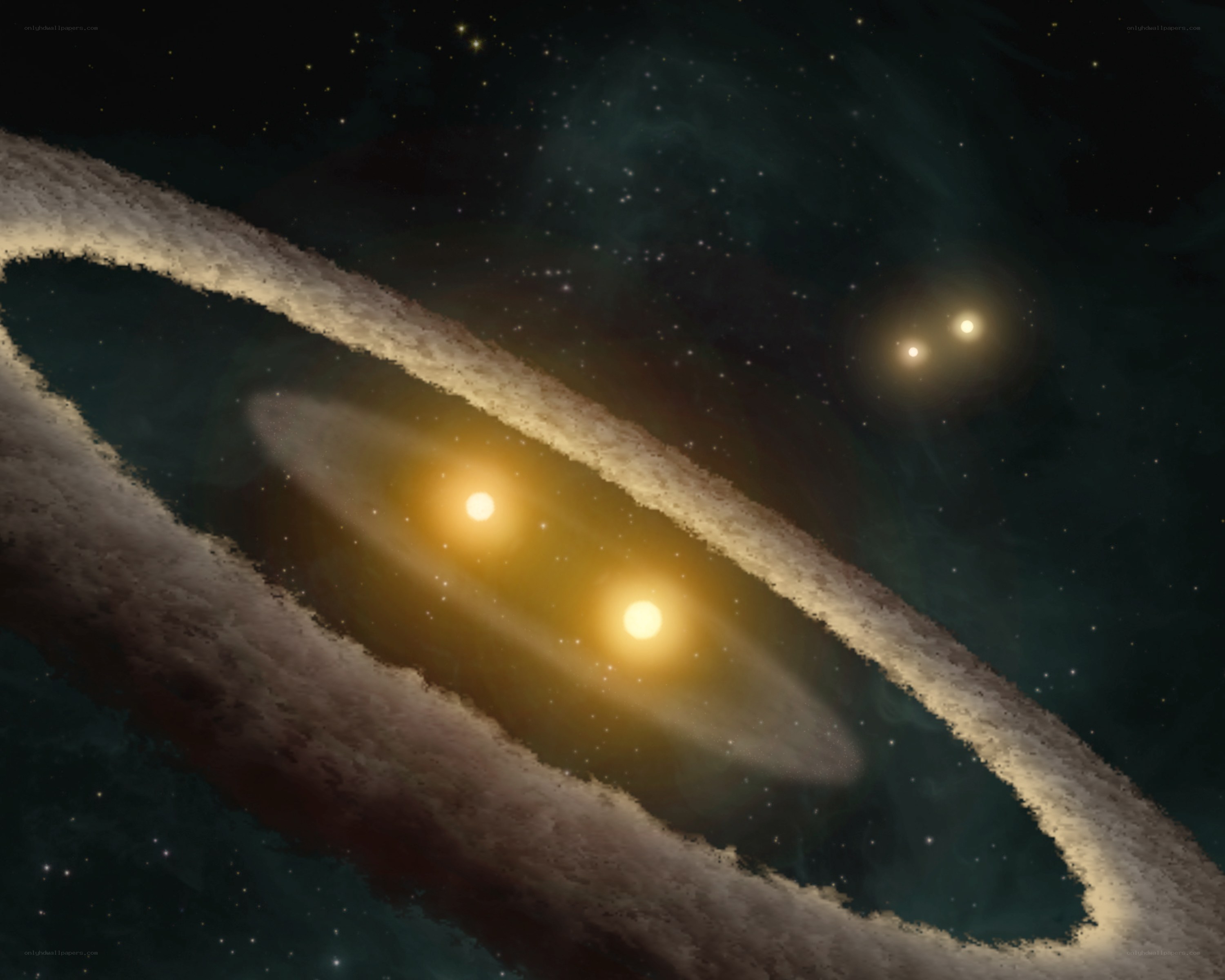 Binary star system with debris disk