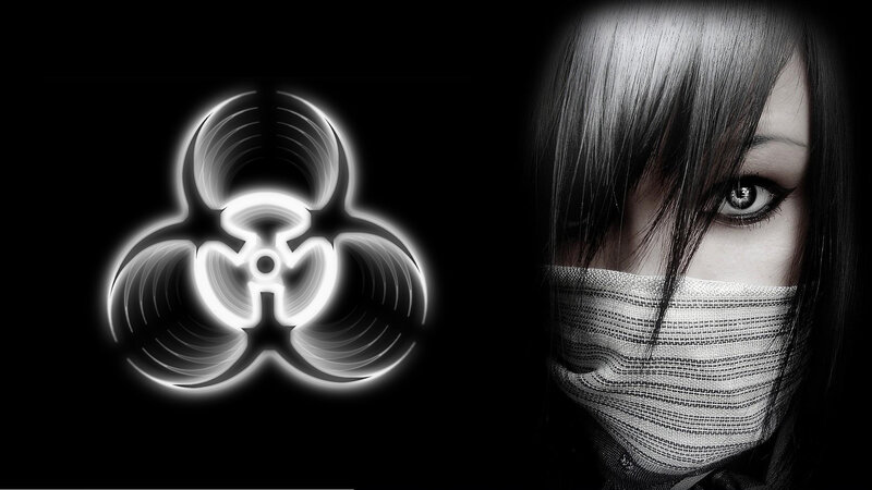 biohazard symbol and masked person