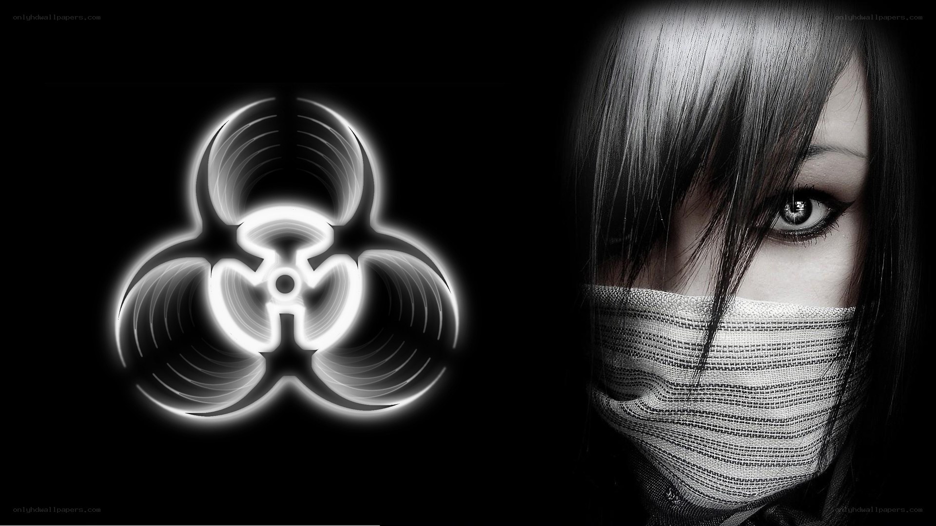 biohazard symbol and masked person