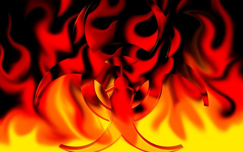 Biohazard symbol in flames