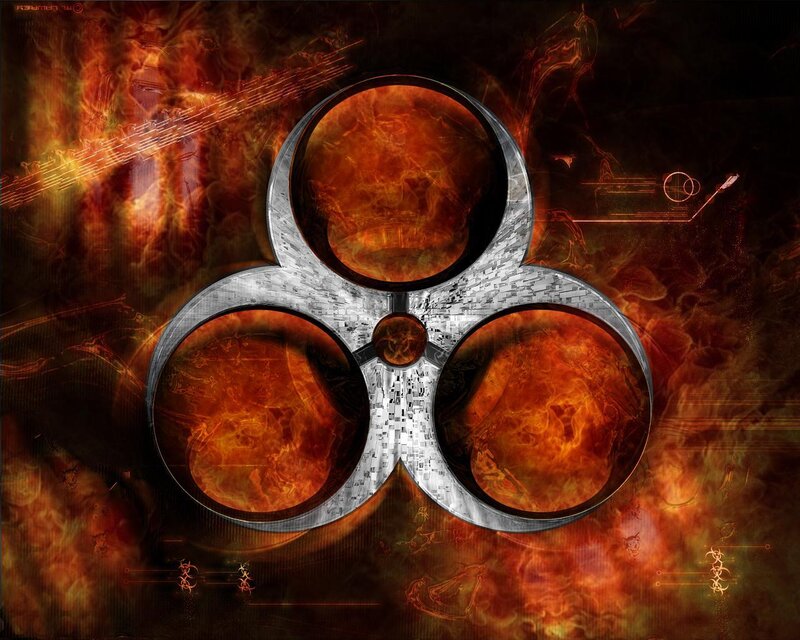 Biohazard symbol on fiery background