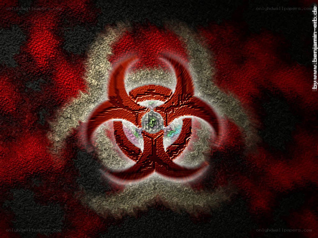 Biohazard symbol on red background