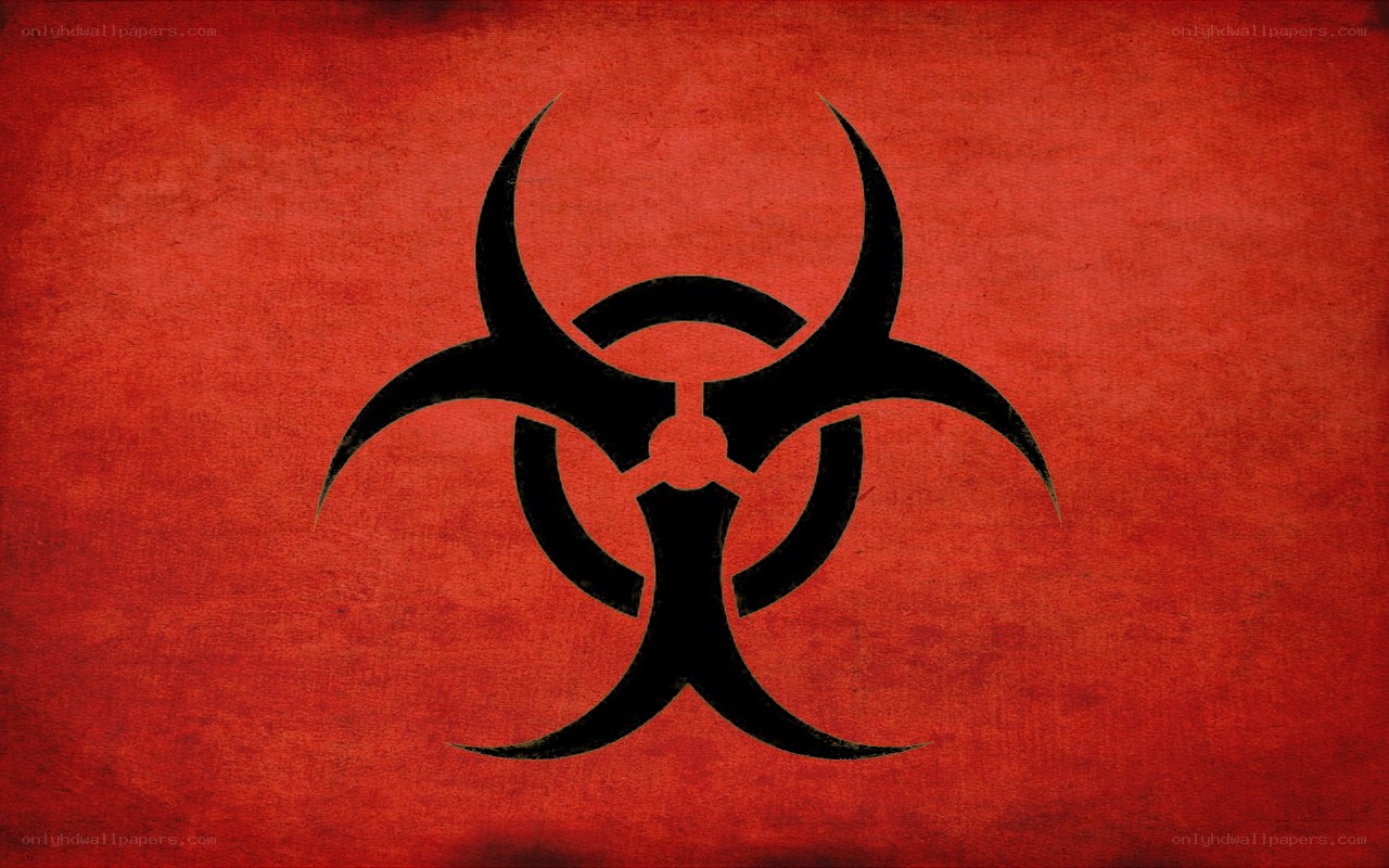 Biohazard symbol on red background