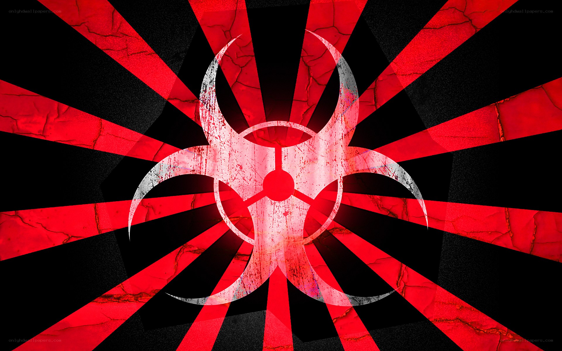 Biohazard symbol on red sunburst
