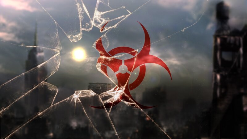 Biohazard symbol on shattered glass
