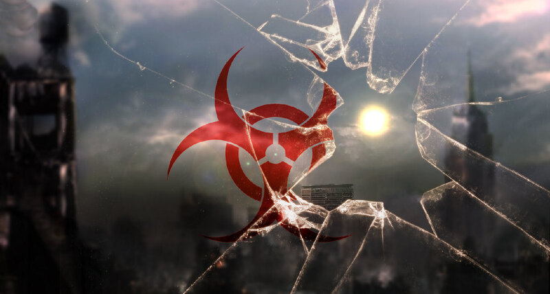 Biohazard symbol on shattered glass