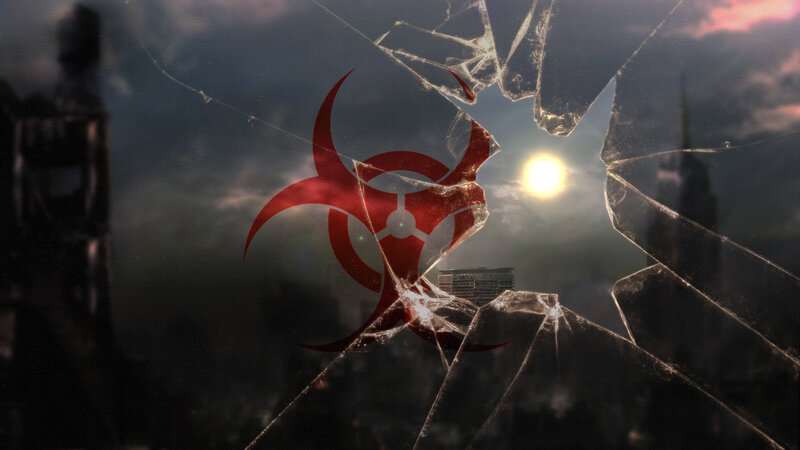 Biohazard symbol on shattered glass