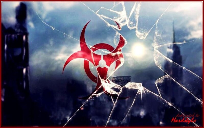 Biohazard symbol on shattered glass