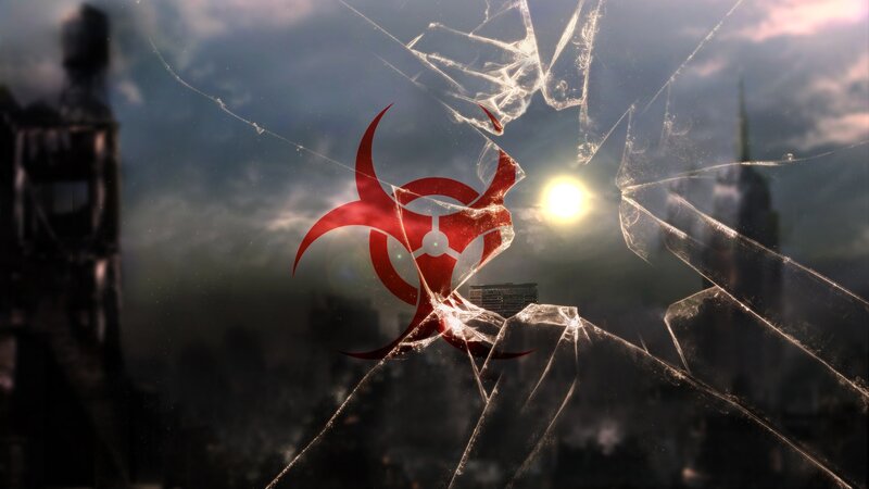 Biohazard symbol on shattered glass