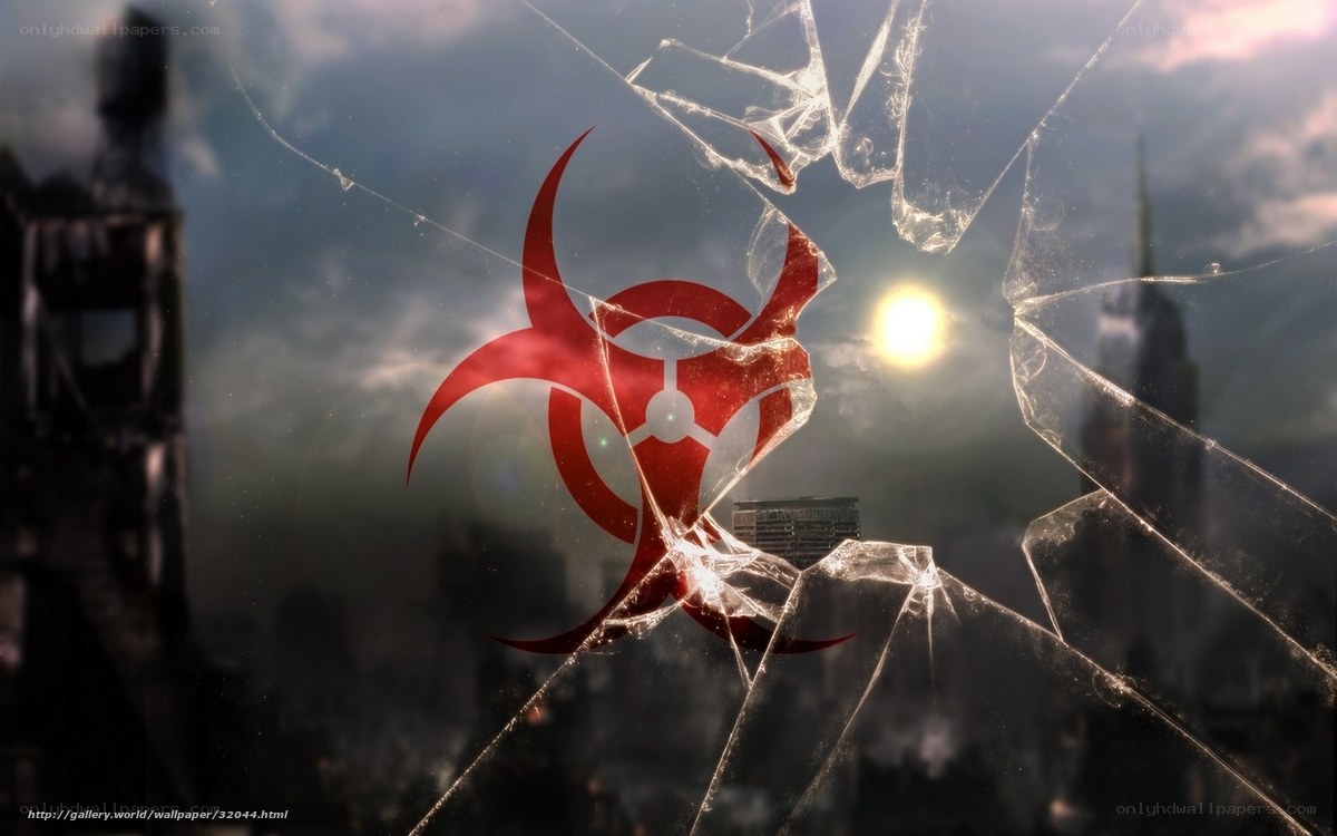 Biohazard symbol on shattered glass