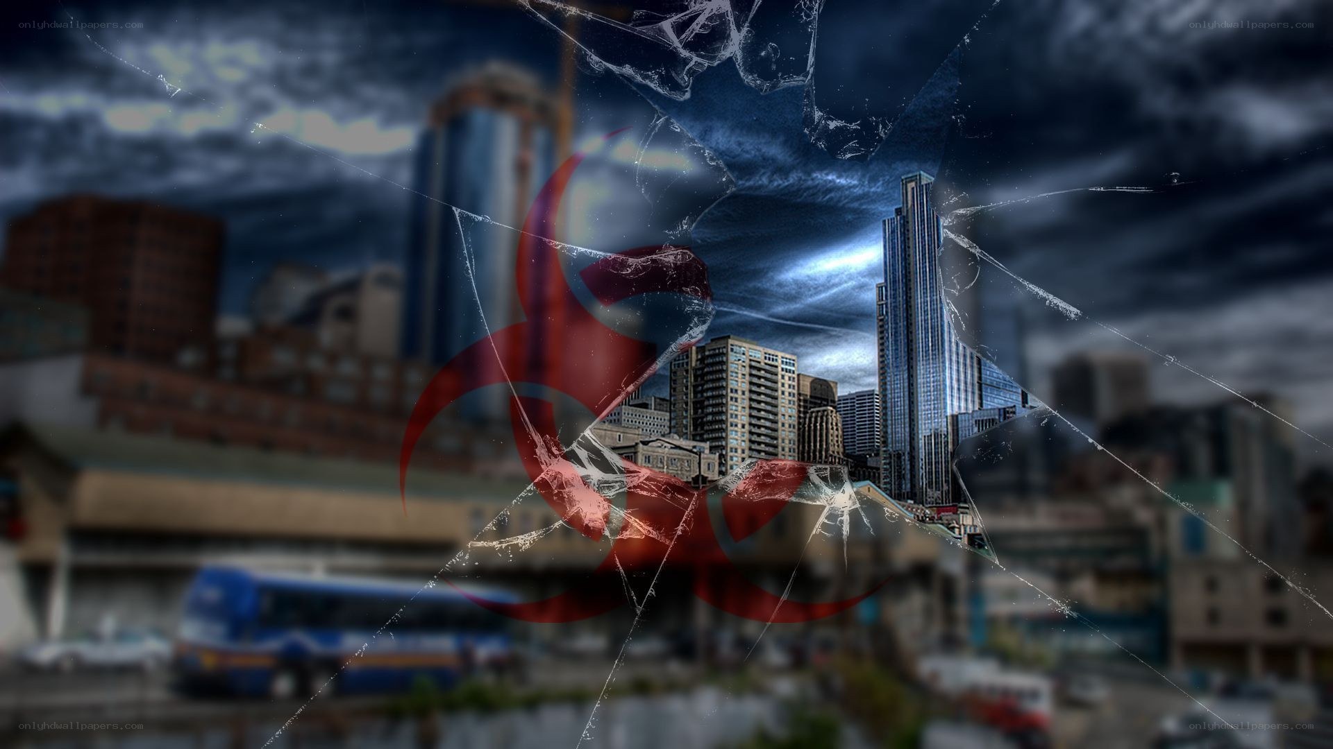 Biohazard symbol over city